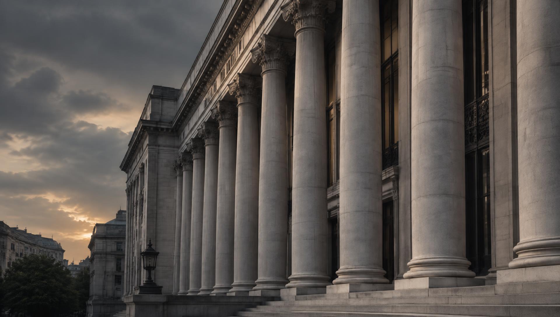 Stone columns of a monumental financial district building at dusk